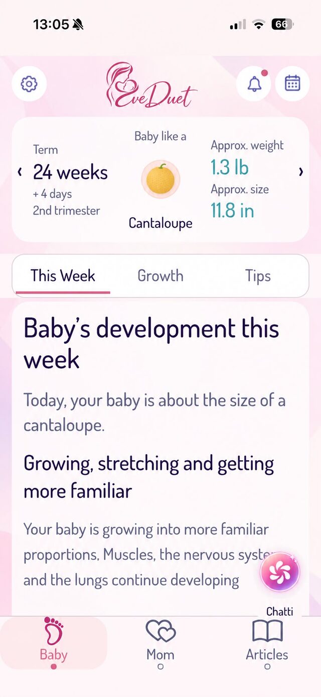 EveDuet Baby screen showing weekly development